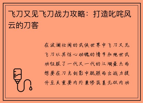 飞刀又见飞刀战力攻略：打造叱咤风云的刀客